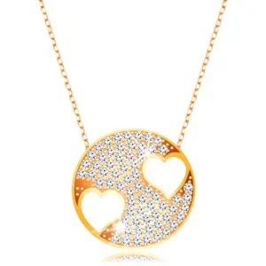 Ogrlica od žutog 9 karatnog zlata - svjetlucavi krug sa srcima, lančić koji se sastoji od ovalnih karika
