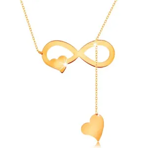 Ogrlica od žutog zlata 585 - tanki lančić, plosnati simbol beskonačnosti i srce