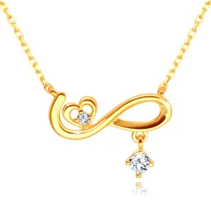 Zlatna 14K ogrlica - simbol beskonačnosti, simetrično srce, prozirni cirkon