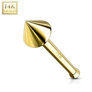 Ravni piercing za nos napravljen od 14K žutog zlata - sjajni stožac na ravnoj šipki