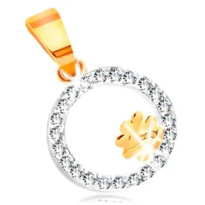 14K kombinirani zlatni privjesak - djetelina s četiri lista u prstenu prozirnih cirkona