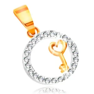 585 zlatni privjesak - ključ sa srcem u prozirnom cirkonskom prstenu