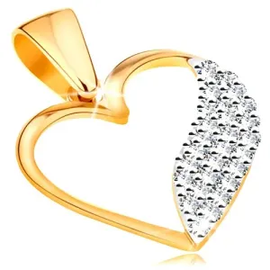 Dvobojni privjesak od 14 karatnog zlata - silueta srca, širok val koji se sastoji od prozirnih cirkona