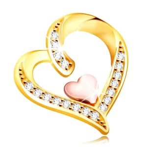 Privjesak od 14K zlata - nepravilnog srca ukrašenog cirkonima s manjim srcem u sredini