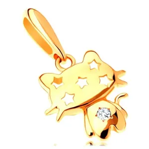 Privjesak od 14K žutog zlata - svjetlucava mačkica, proziran cirkon, zvijezde