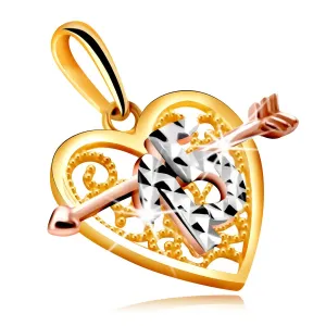 Privjesak u kombiniranom zlatu u obliku srca sa strelicom - ukrasna figura “15“