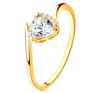 Prsten od 9K žutog zlata - prozirno cirkonsko srce, zakrivljeni krajevi krakova - Veličina: 49