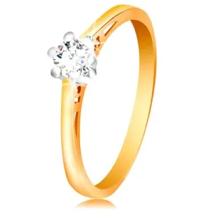 14 karatni zlatni prsten - prozirni cirkon u postolju od bijelog zlata, prorezi na krakovima - Veličina: 52