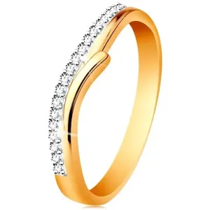 14 karatni zlatni prsten sa razdvojenim dvobojnim krakovima, prozirni cirkoni - Veličina: 54