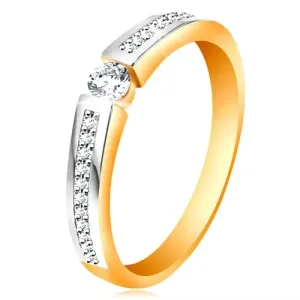 14 karatni zlatni prsten sa sjajnim dvobojnim krakovima, prozirni cirkoni - Veličina: 51