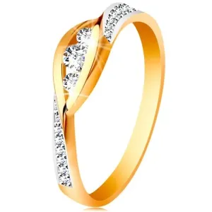 14 karatni zlatni prsten - sjajni savijeni krajevi krakova, tri cirkona i svjetlucave pruge  - Veličina: 60