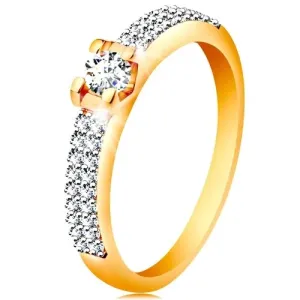 14 karatni zlatni prsten - svjetlucavi krakovi, okrugli prozirni cirkon u kutnom postolju - Veličina: 56