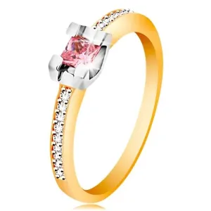 14 karatni zlatni prsten - svjetlucavi krakovi, okrugli ružičasti cirkon u postolju od bijelog zlata - Veličina: 57