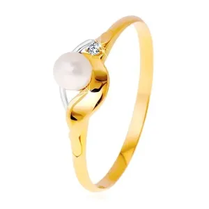 14K zlatni dijamantni prsten, dvobojni valovi, prozirni brilijant i bijeli biser - Veličina: 48