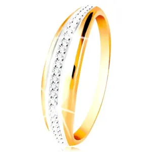 14K zlatni prsten - ispupčena traka sa linijom od bijelog zlata i prozirnim cirkonima - Veličina: 51