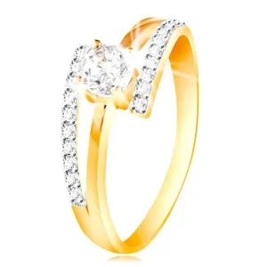 14K zlatni prsten - razdvojeni krakovi, povišen okrugli prozirni cirkon - Veličina: 51