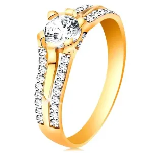 14K zlatni prsten sa razdvojenim dvobojnim krakovima, prozirni cirkoni - Veličina: 49