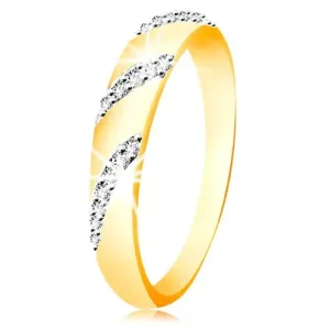 14K zlatni prsten sa zaobljenom površinom i dijagonalnim linijama cirkona - Veličina: 54