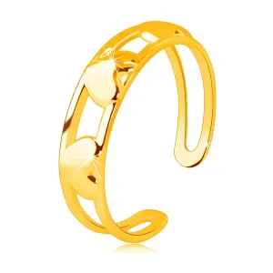 14K Zlatni prsten - tri simetrična kristalno polirana srca između dvije linije - Veličina: 51