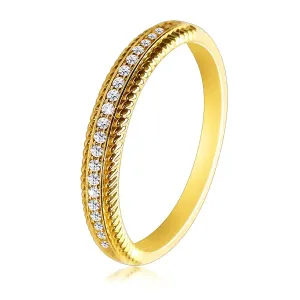 14K zlatni prsten - ukrasni urezi na ramenima, prozirni cirkoni - Veličina: 56
