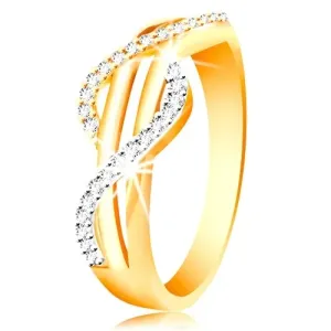 585 zlatni prsten - cirkonski valovi od žutog i bijelog zlata, ravne glatke linije - Veličina: 51