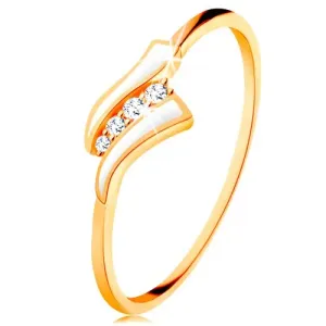585 zlatni prsten - dva bijela vala, linija prozirnih cirkona, sjajni krakovi - Veličina: 57