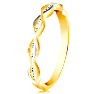 585 zlatni prsten - dva tanka isprepletena vala od bijelog i žutog zlata, cirkoni - Veličina: 51