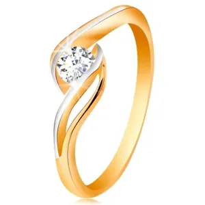 585 zlatni prsten - prozirni cirkon, dvobojan, razdvojeni i valoviti krakovi - Veličina: 49