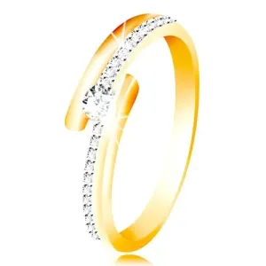 585 zlatni prsten - razdvojeni krakovi, ispupčeni okrugli prozirni cirkon - Veličina: 49