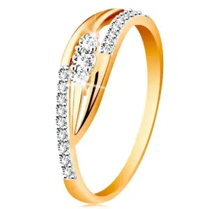 585 zlatni prsten - sjajni savijeni krakovi, svjetlucave pruge i tri cirkona - Veličina: 49