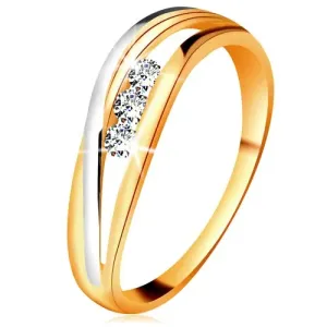 Brilijantni prsten od 14K bijelog zlata, valovite dvobojne linije krakova, tri prozirna dijamanta - Veličina: 51