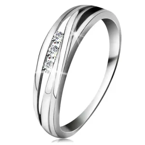 Brilijantni prsten od 14K bijelog zlata, valovite linije na krakovima, tri prozirna dijamanta - Veličina: 56