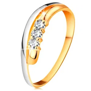 Brilijantni prsten od 14K zlata, valovite dvobojne linije krakova, tri prozirna dijamanta - Veličina: 50