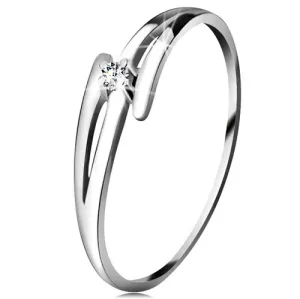 Brilijantni prsten od bijelog 14K zlata - razdvojeni valoviti krakovi, prozirni dijamant - Veličina: 51