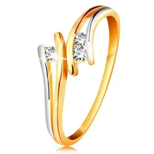 Dijamantni 585 zlatni prsten, tri svjetlucava prozirna brilijanta, razdvojeni dvobojni krakovi - Veličina: 52
