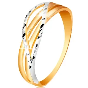Dvobojni prsten od 14 karatnog zlata - razdvojene i valovite linije krakova, usjeci - Veličina: 49