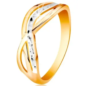 Dvobojni prsten od 14 karatnog zlata - valoviti i razdvojeni krakovi, usjeci - Veličina: 58