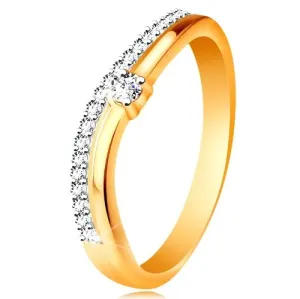 Prsten od 14 karatnog zlata, valoviti krakovi sa prorezom u sredini i prozirni cirkoni - Veličina: 51