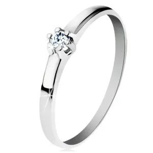 Prsten od 14K bijelog zlata - sjajni glatki krakovi, svjetlucavi prozirni dijamant - Veličina: 54