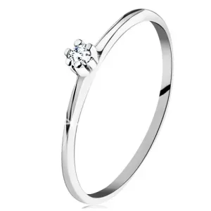 Prsten od 14K bijelog zlata - sjajni ukošeni krakovi, okrugli prozirni dijamant - Veličina: 54
