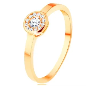 Prsten od 14K žutog zlata - krug optočen prozirnim cirkonima, blistavi obrub - Veličina: 62