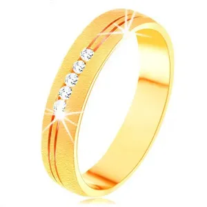 Prsten od 14K žutog zlata sa satenskom površinom, dvostruki urez, prozirni cirkoni - Veličina: 48