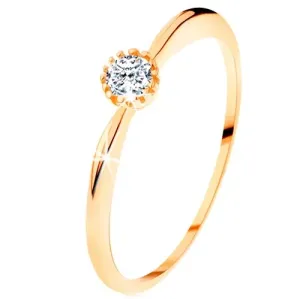 Prsten od 14K žutog zlata - svjetlucavi prozirni cirkon, krakovi s izbočenom površinom - Veličina: 58