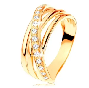 Prsten od 14K žutog zlata - tri glatke linije, kosa cirkonska linija - Veličina: 49