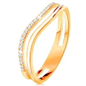 Prsten od 14K žutog zlata, valoviti krakovi s prorezom u sredini, glazura i cirkoni - Veličina: 52