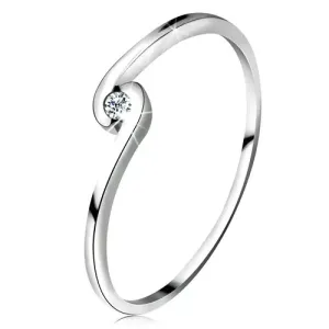 Prsten od bijelog 14K zlata - okrugli prozirni cirkon između savijenih krakova - Veličina: 59