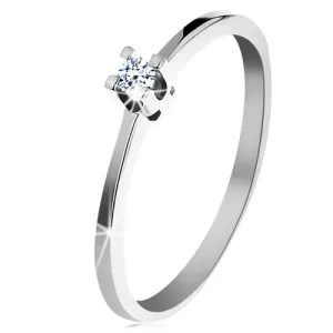 Prsten od bijelog 14K zlata - uski sjajni krakovi, svjetlucavi prozirni dijamant - Veličina: 50