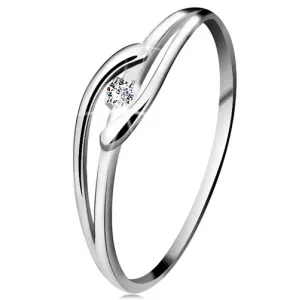 Prsten od bijelog zlata 585 s blistavim dijamantom, razdvojeni valoviti krakovi - Veličina: 53