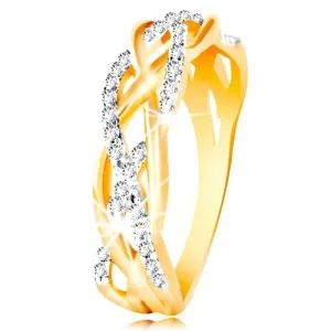 Prsten od kombinacije 14K zlata - isprepletene glatke i cirkonske linije - Veličina: 51