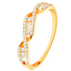 Prsten od zlata 585 - isprepleteni valoviti krakovi, okrugli prozirni cirkoni - Veličina: 52